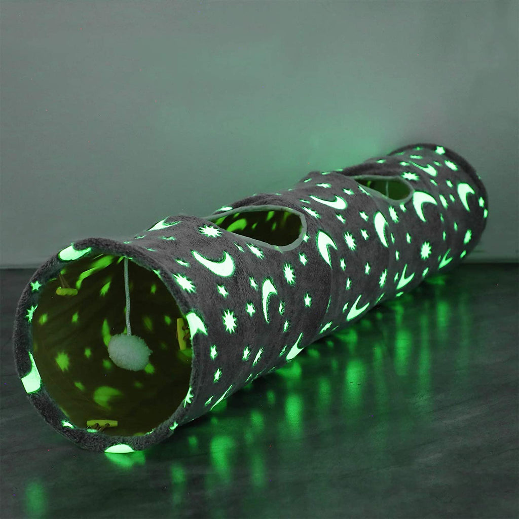 Collapsible Cat Tunnel Tube with Luminous Plush Ball Toys - Perfect for Kittens, Bunnies, Ferrets, and Small Dogs - Grey Moon & Star Design