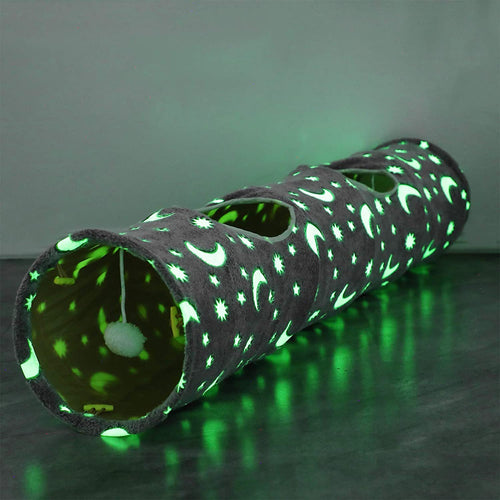 Collapsible Cat Tunnel Tube with Luminous Plush Ball Toys - Perfect for Kittens, Bunnies, Ferrets, and Small Dogs - Grey Moon & Star Design