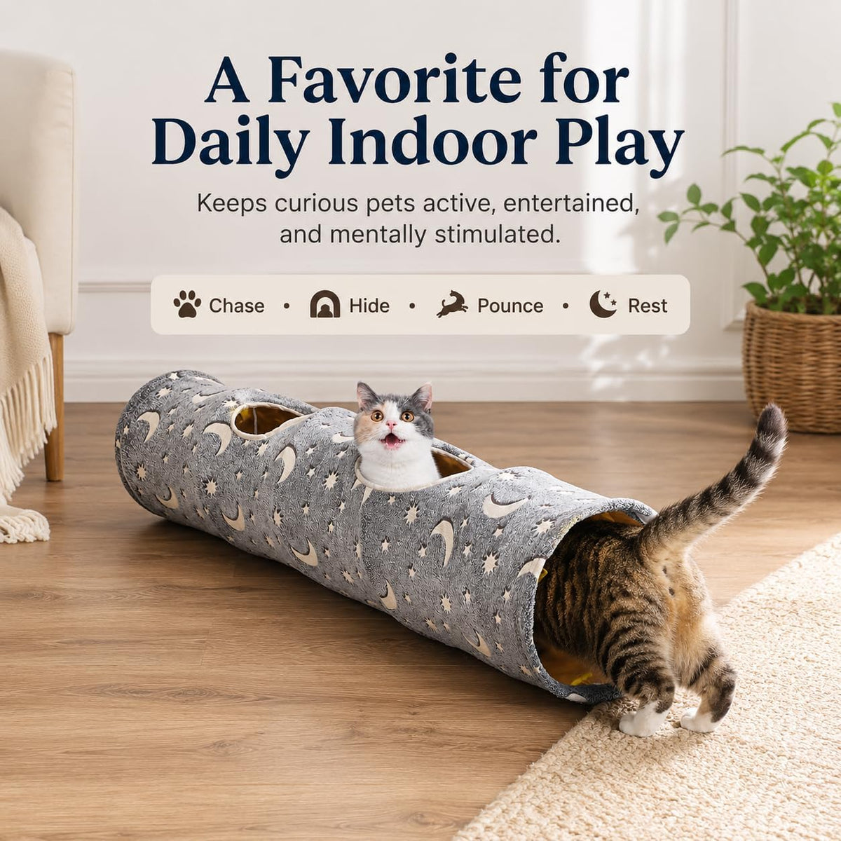 Collapsible Cat Tunnel Tube with Luminous Plush Ball Toys - Perfect for Kittens, Bunnies, Ferrets, and Small Dogs - Grey Moon & Star Design