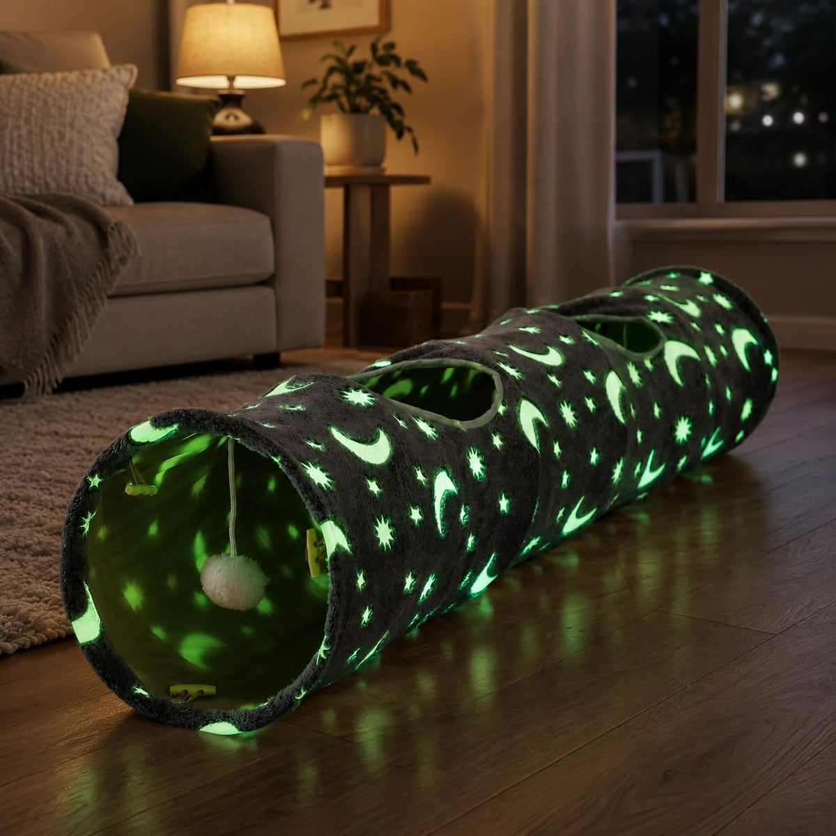 Collapsible Cat Tunnel Tube with Luminous Plush Ball Toys - Perfect for Kittens, Bunnies, Ferrets, and Small Dogs - Grey Moon & Star Design