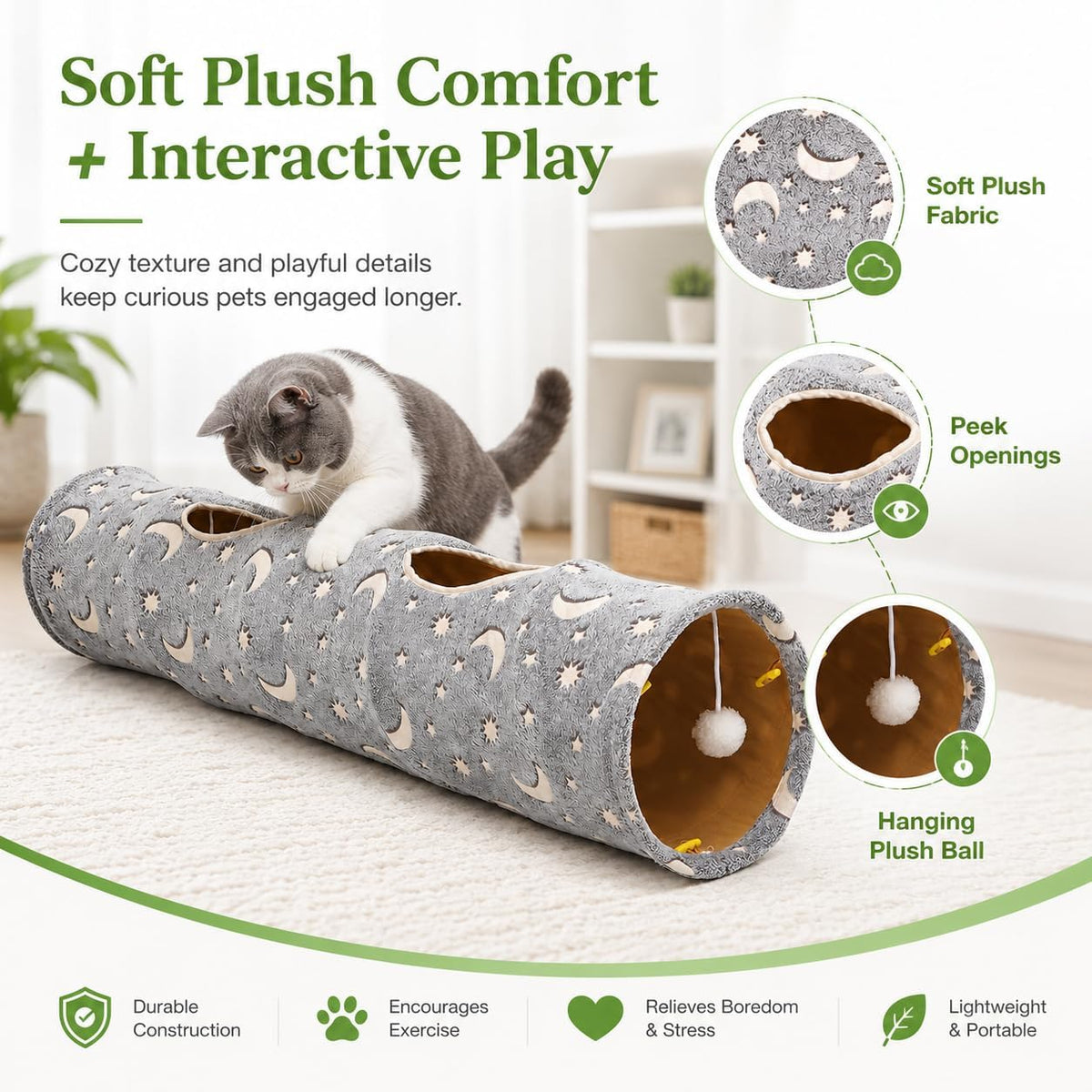 Collapsible Cat Tunnel Tube with Luminous Plush Ball Toys - Perfect for Kittens, Bunnies, Ferrets, and Small Dogs - Grey Moon & Star Design