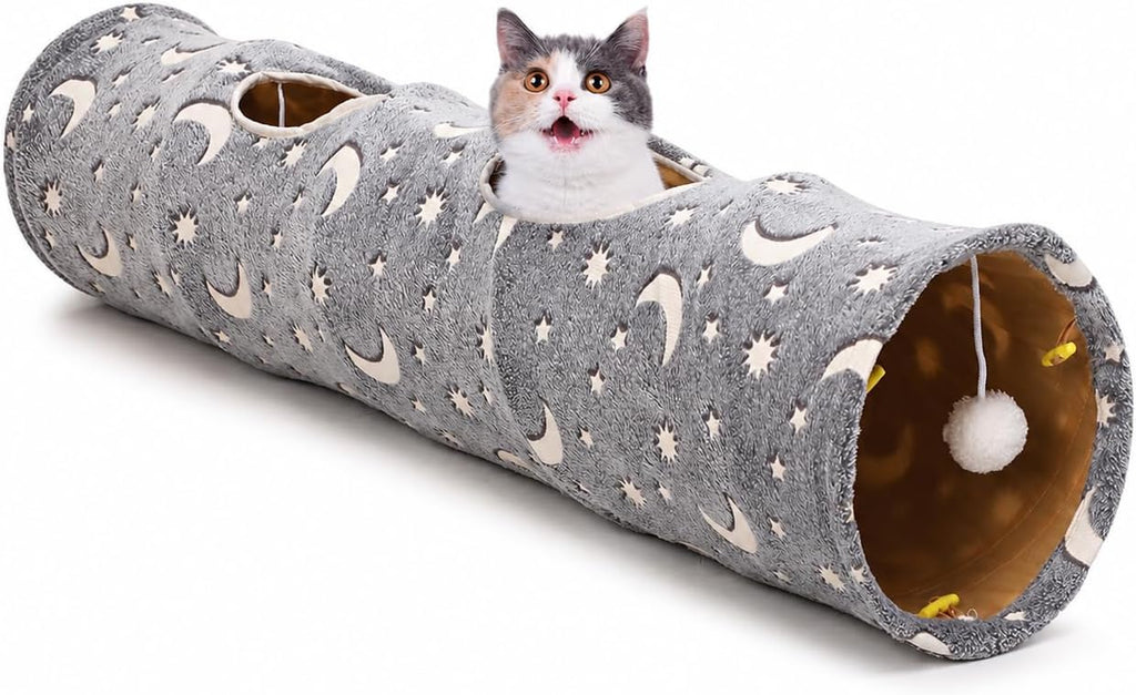 Collapsible Cat Tunnel Tube with Luminous Plush Ball Toys - Perfect for Kittens, Bunnies, Ferrets, and Small Dogs - Grey Moon & Star Design