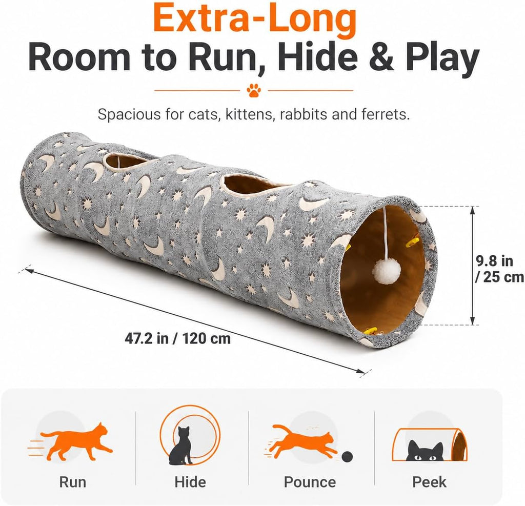 Collapsible Cat Tunnel Tube with Luminous Plush Ball Toys - Perfect for Kittens, Bunnies, Ferrets, and Small Dogs - Grey Moon & Star Design