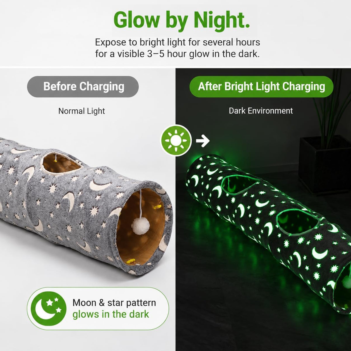 Collapsible Cat Tunnel Tube with Luminous Plush Ball Toys - Perfect for Kittens, Bunnies, Ferrets, and Small Dogs - Grey Moon & Star Design