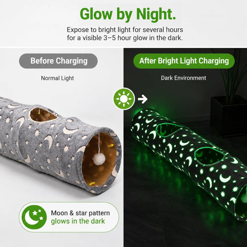 Collapsible Cat Tunnel Tube with Luminous Plush Ball Toys - Perfect for Kittens, Bunnies, Ferrets, and Small Dogs - Grey Moon & Star Design